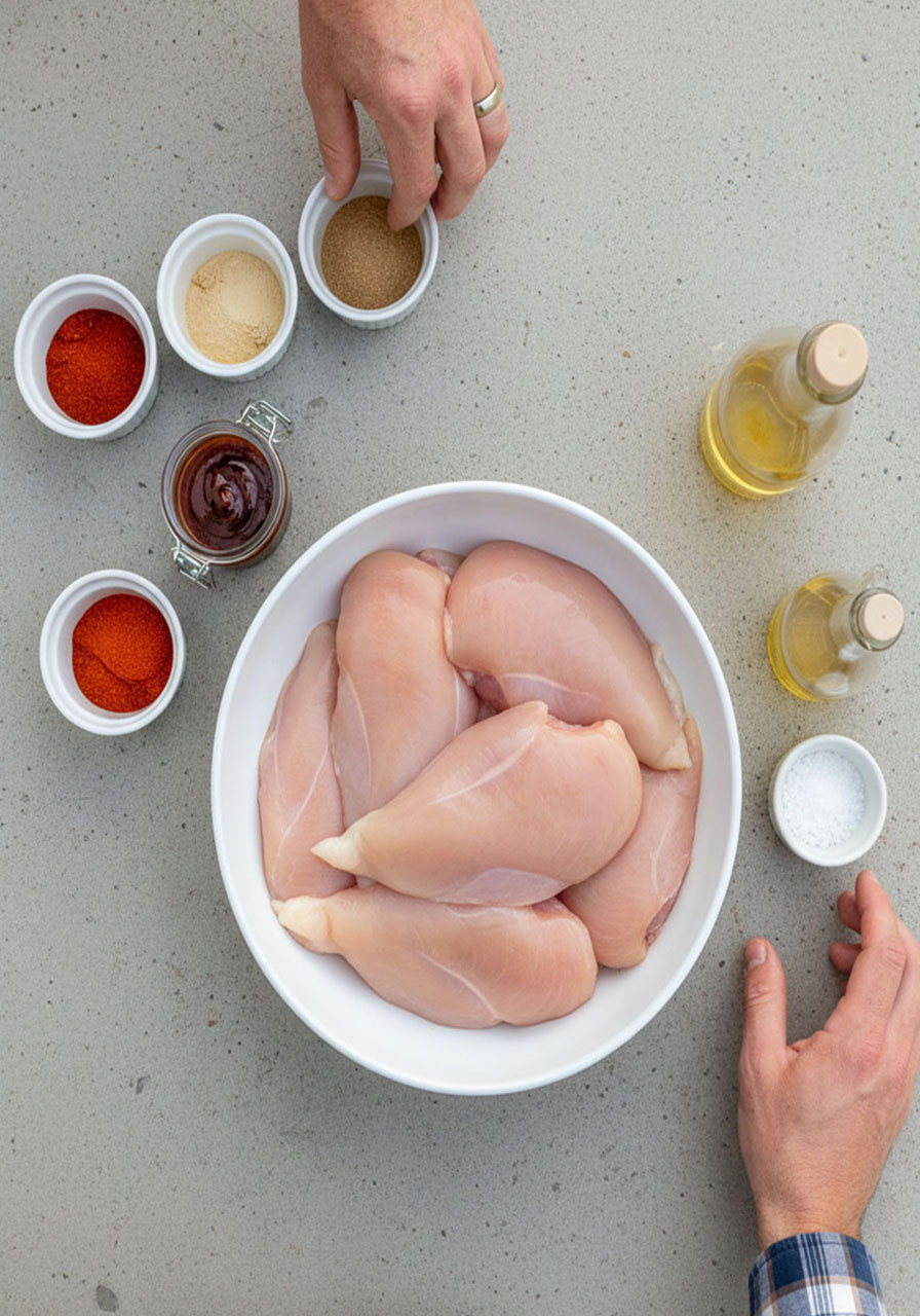All ingredients for baked BBQ chicken breasts including raw chicken, smoked paprika, garlic powder, onion powder, avocado oil, and BBQ sauce