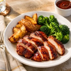Sliced baked BBQ chicken breast served with roasted potato wedges and broccoli on a white plate