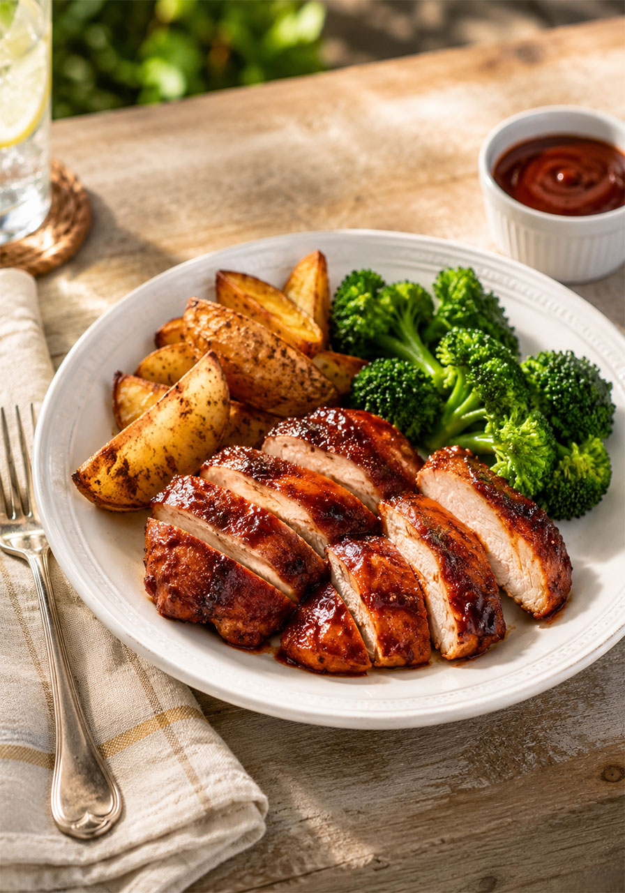 Sliced baked BBQ chicken breast served with roasted potato wedges and broccoli on a white plate
