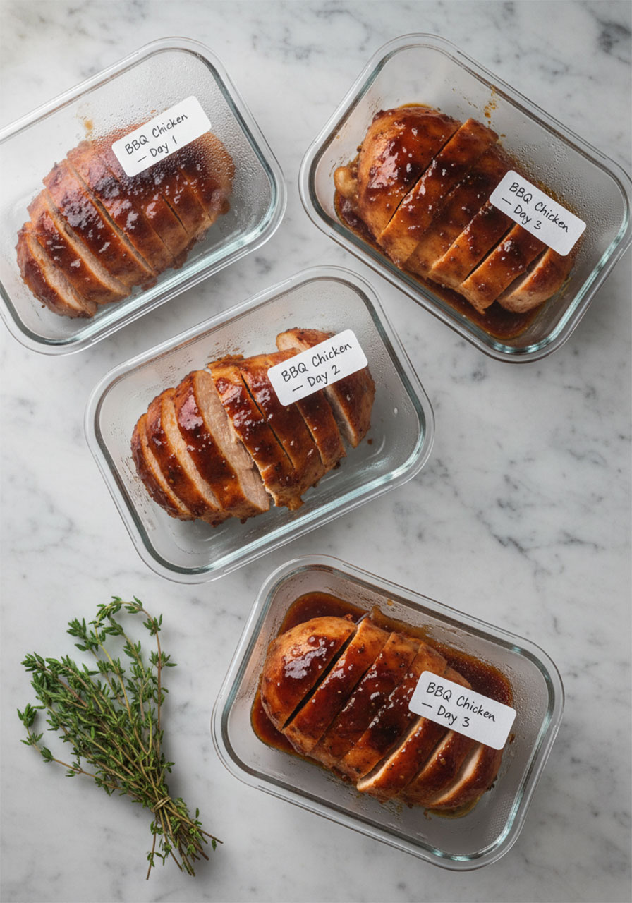 Three glass meal prep containers filled with baked BBQ chicken breasts for weekly meal prep and storage