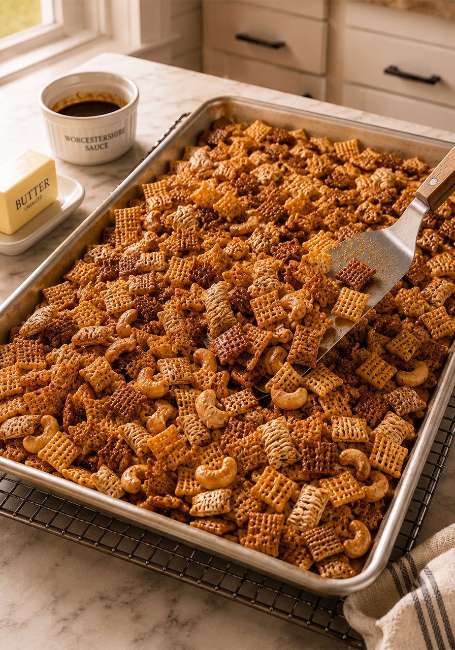 Golden baked Worcestershire cashew Chex snack mix on a baking sheet for camping and outdoor parties