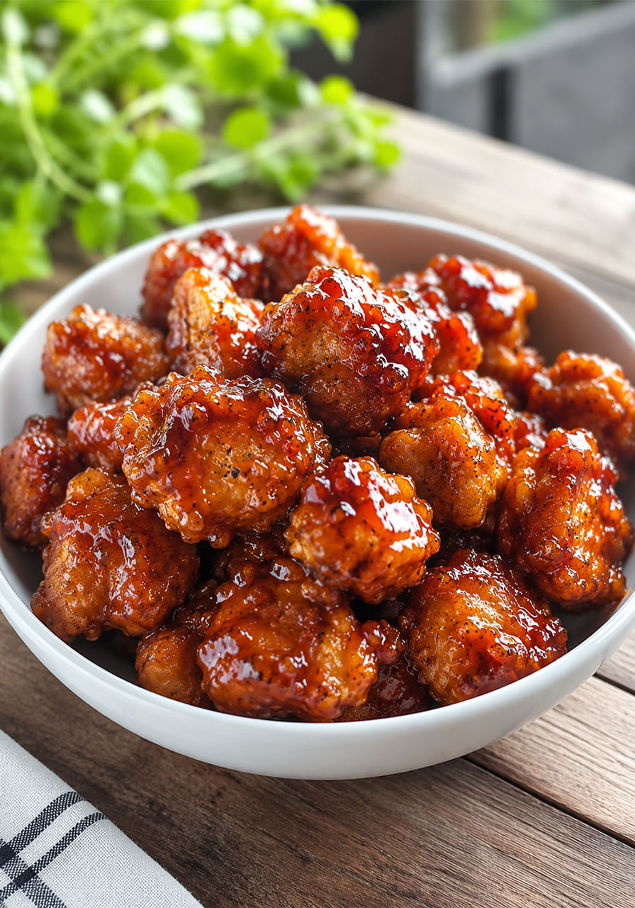 Close-up of baked honey BBQ chicken bites coated in glossy glaze in a white bowl