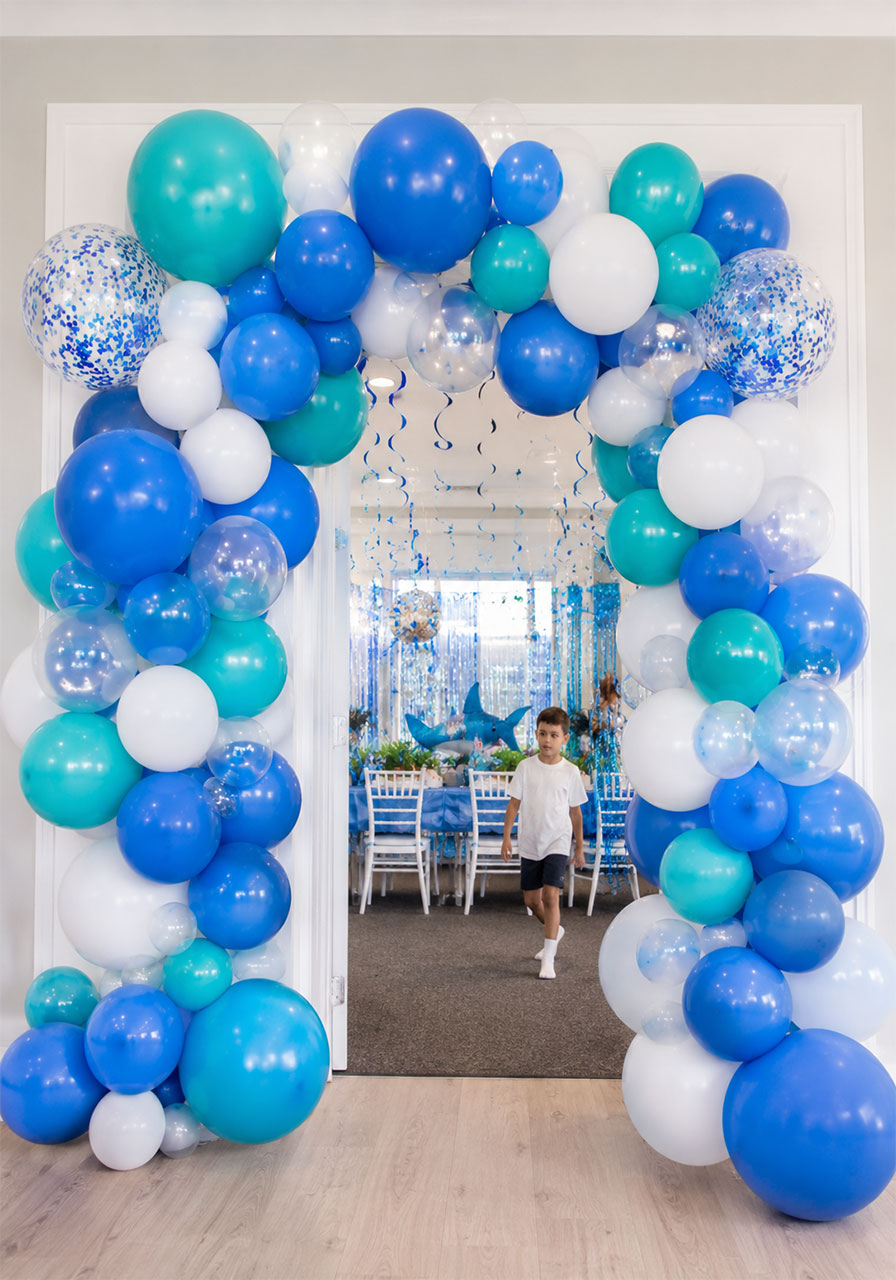 Blue teal and clear bubble balloon arch entrance for an under the sea birthday party