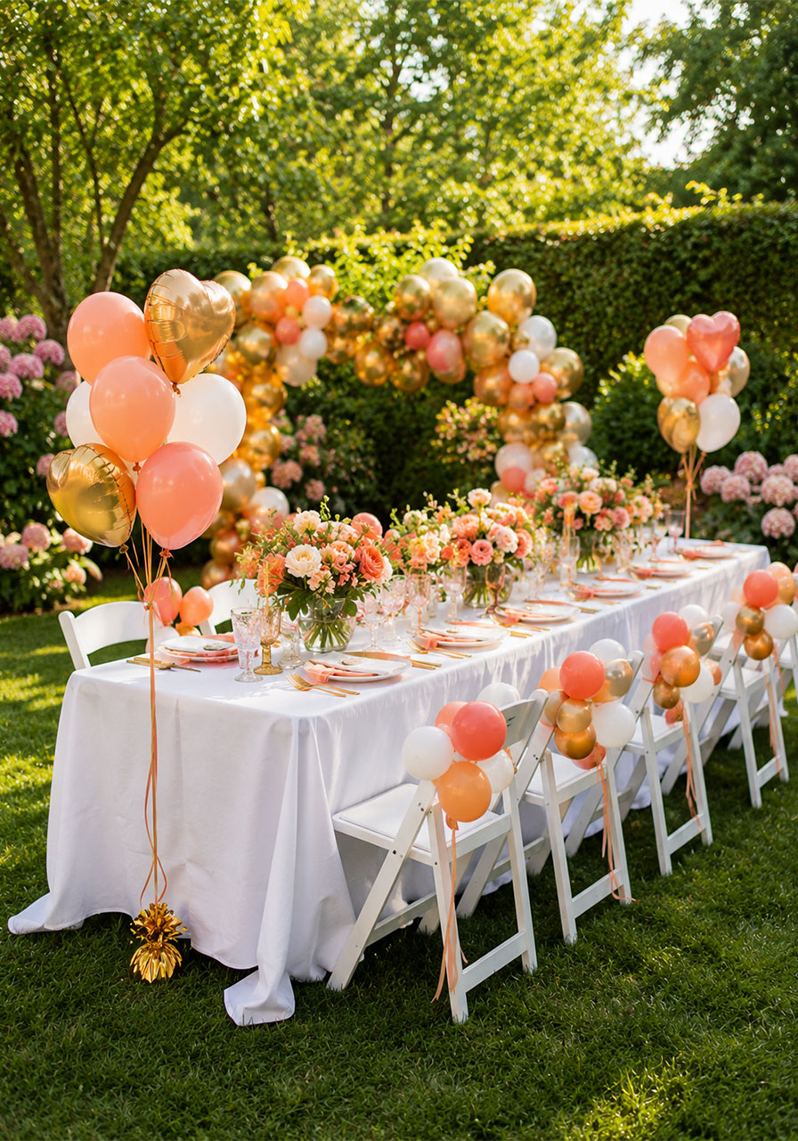 Colorful peach coral and gold balloon clusters on chairs and table at outdoor summer garden party