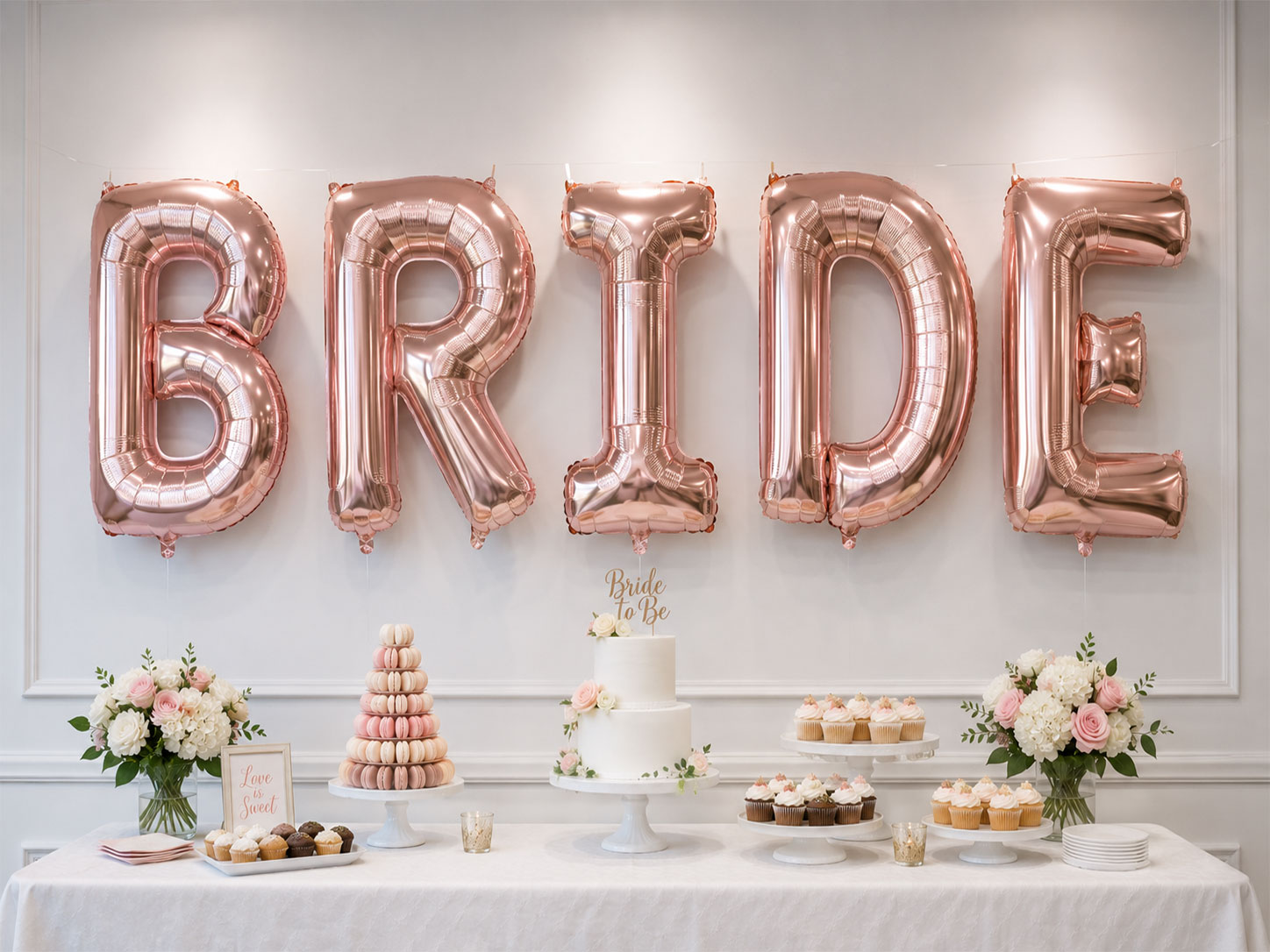 Large rose gold metallic foil BRIDE balloon letters hanging above dessert table at bridal shower party