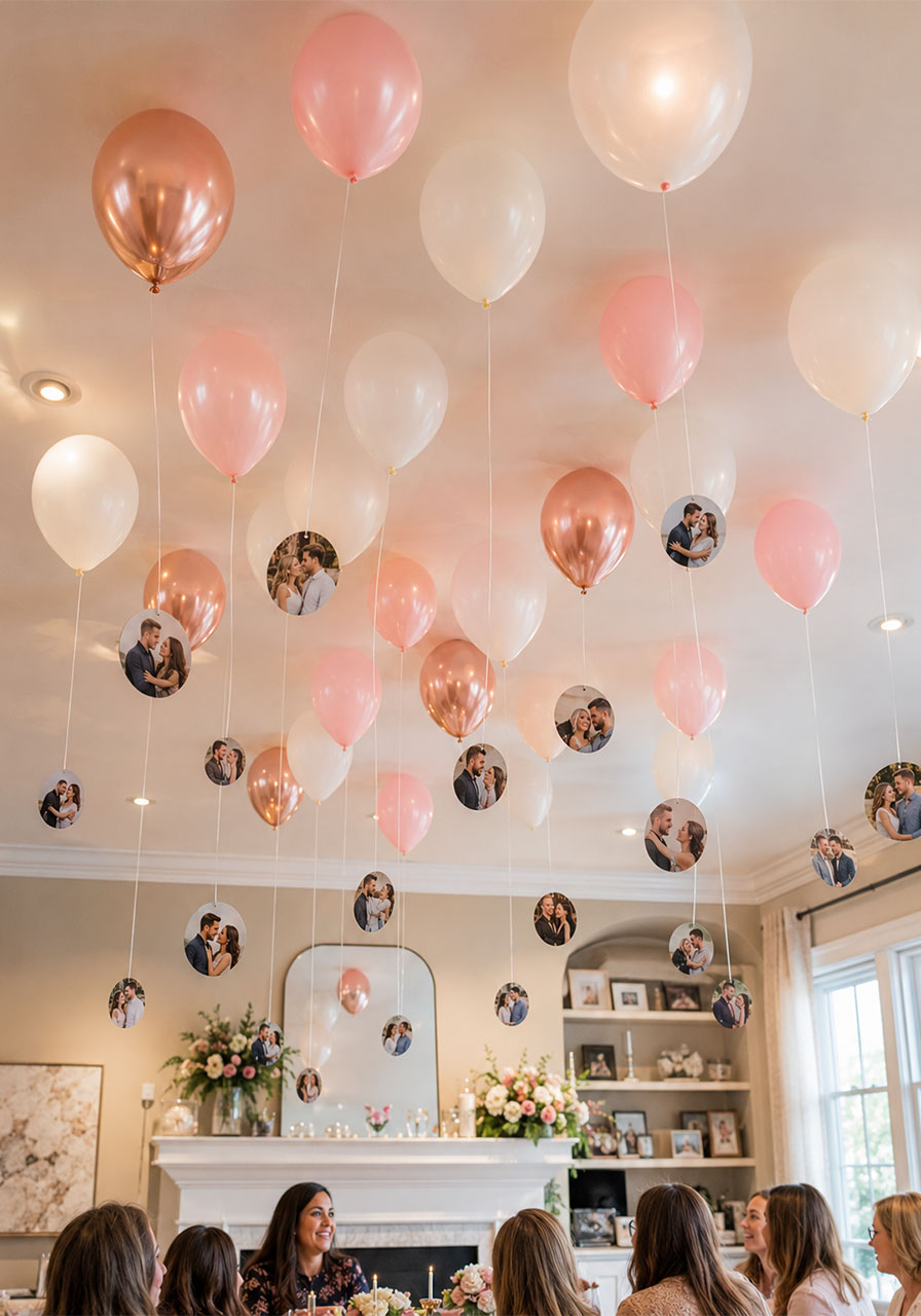 Balloon and photo chandelier ceiling installation with blush and white balloons at home bridal shower – stunning shower decoration idea