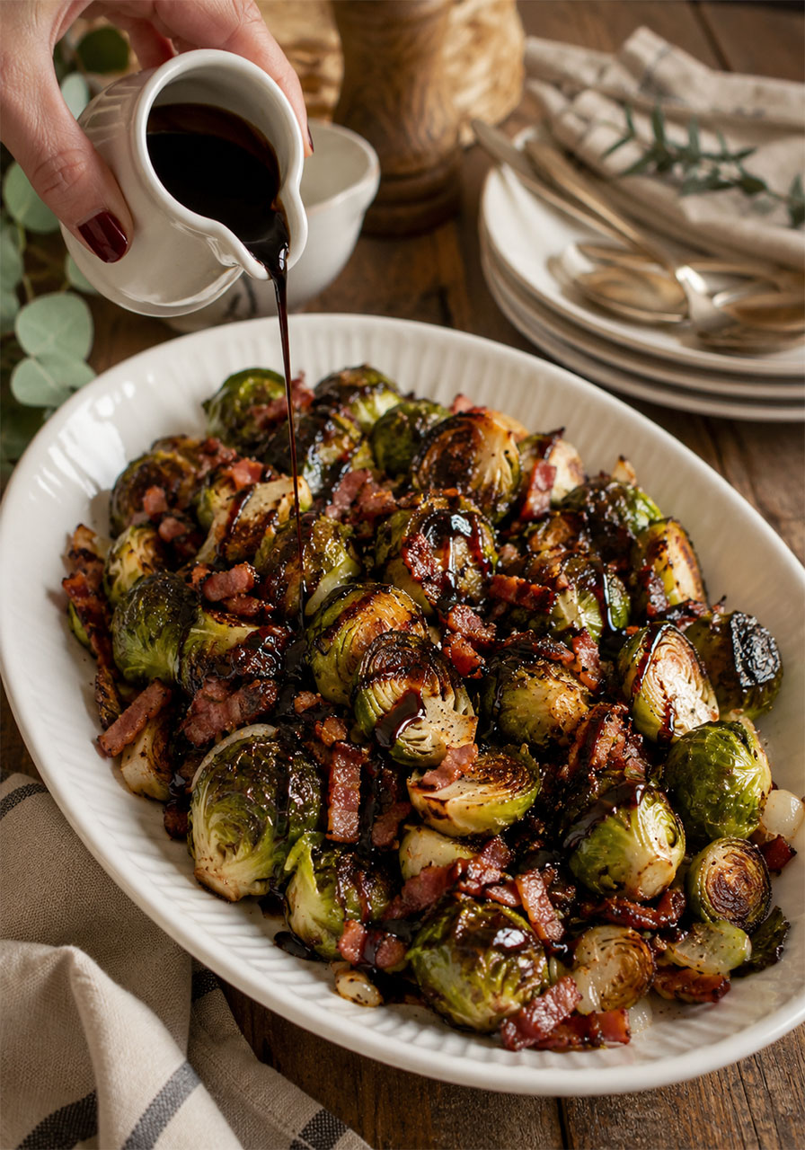 Roasted Brussels sprouts with crispy bacon and balsamic glaze on a holiday serving platter