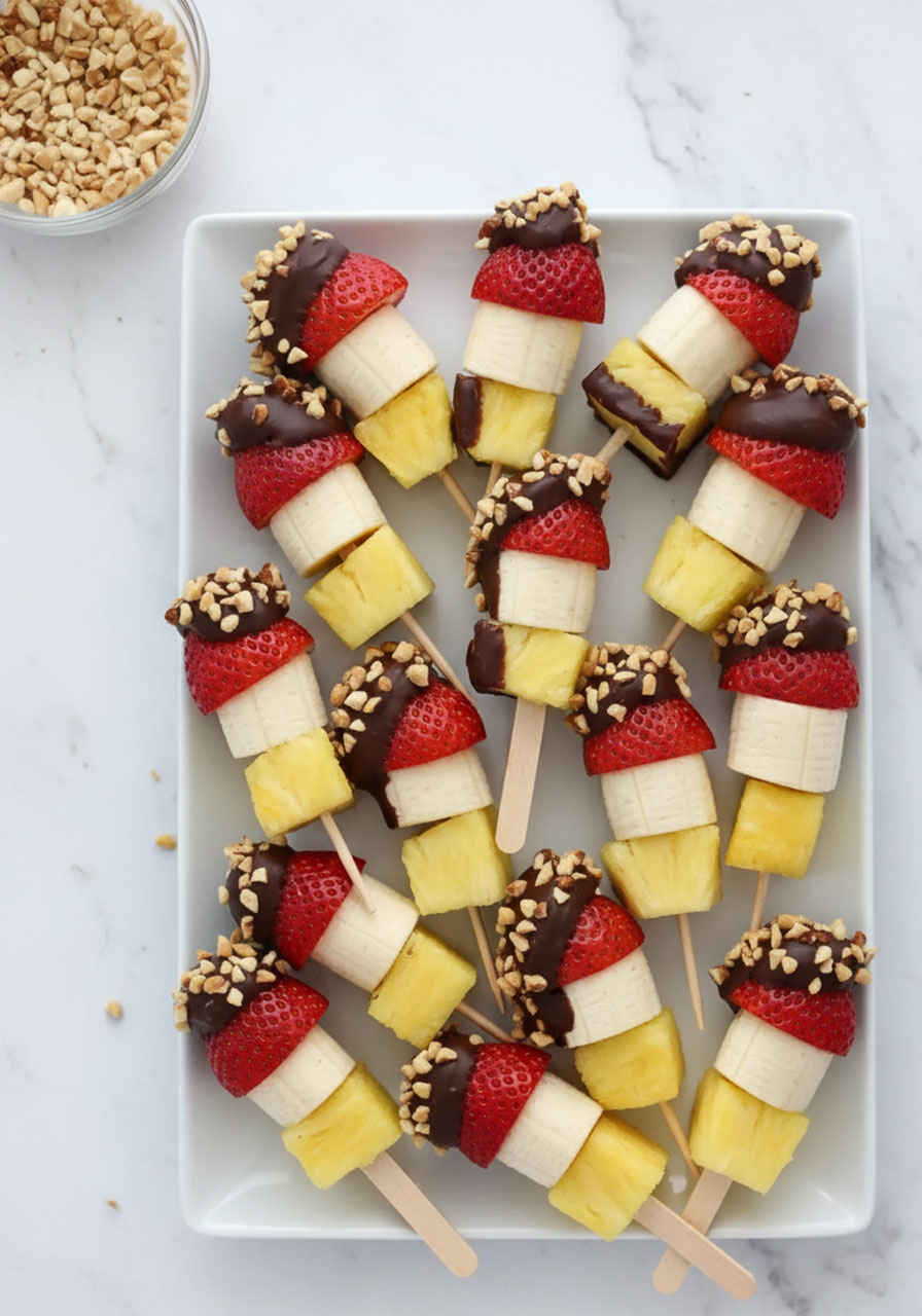 Chocolate-dipped banana split bites on skewers with pineapple, banana, and strawberry — easy pool party finger food for kids