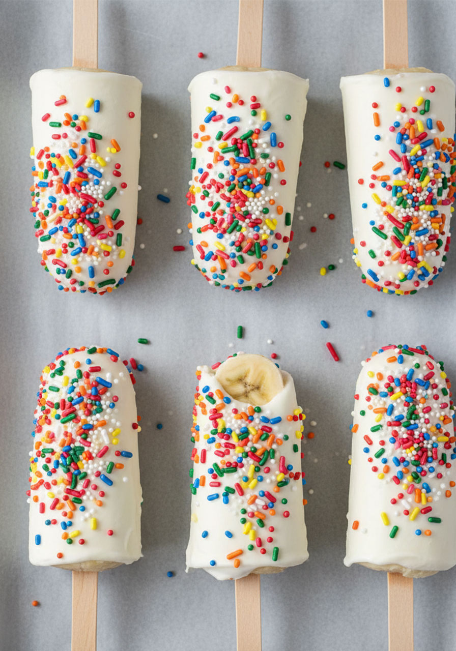 Frozen banana yogurt popsicles coated in rainbow sprinkles on a baking sheet — easy 3-ingredient pool party snack for kids