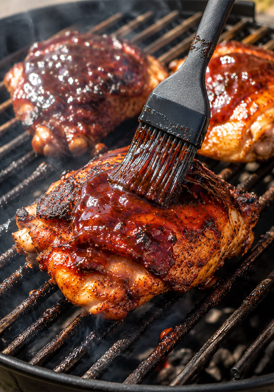 Silicone basting brush applying homemade BBQ sauce onto charred chicken thigh on a hot grill