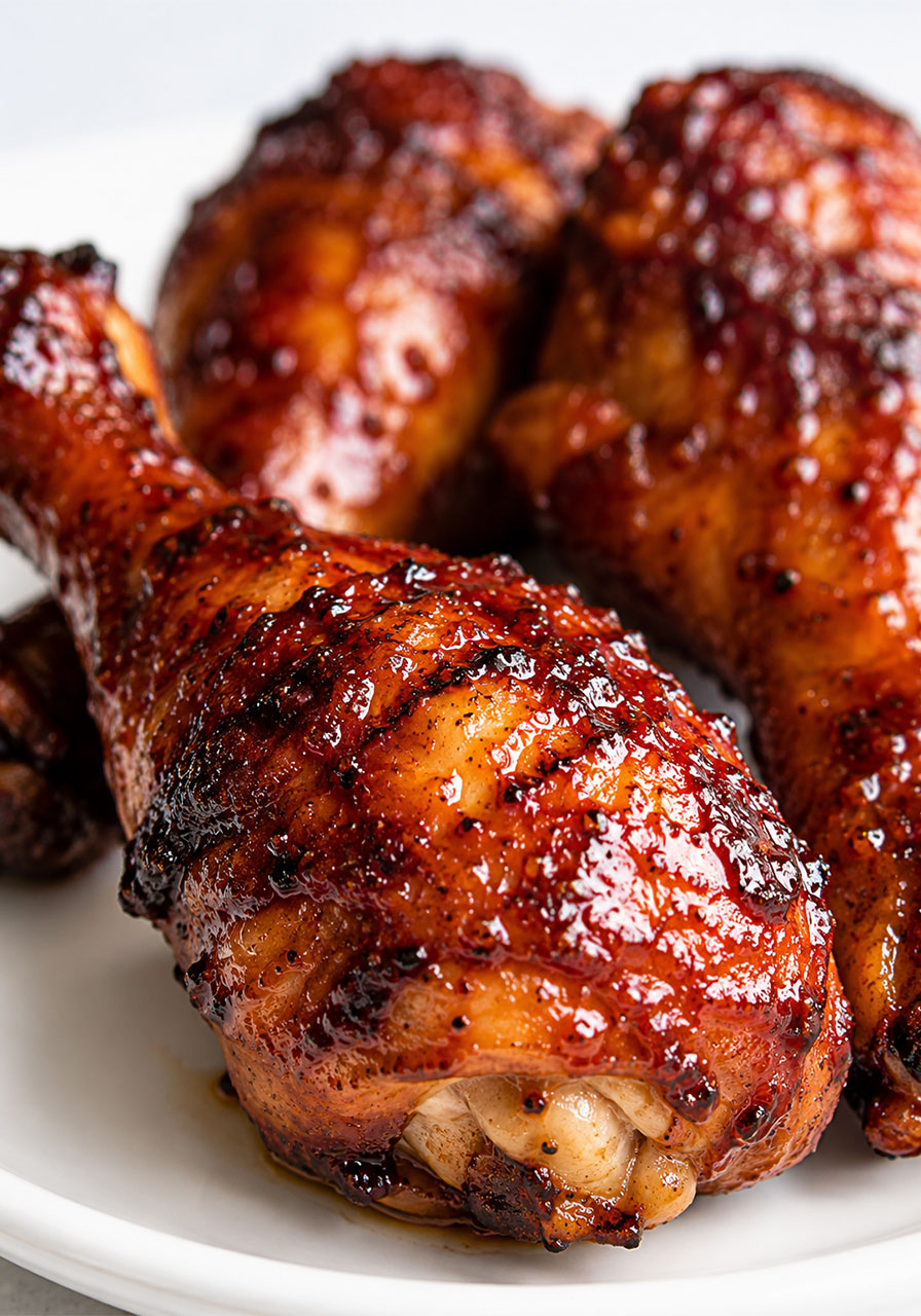 Close-up of BBQ chicken drumsticks with crispy caramelized skin and glossy homemade BBQ sauce glaze