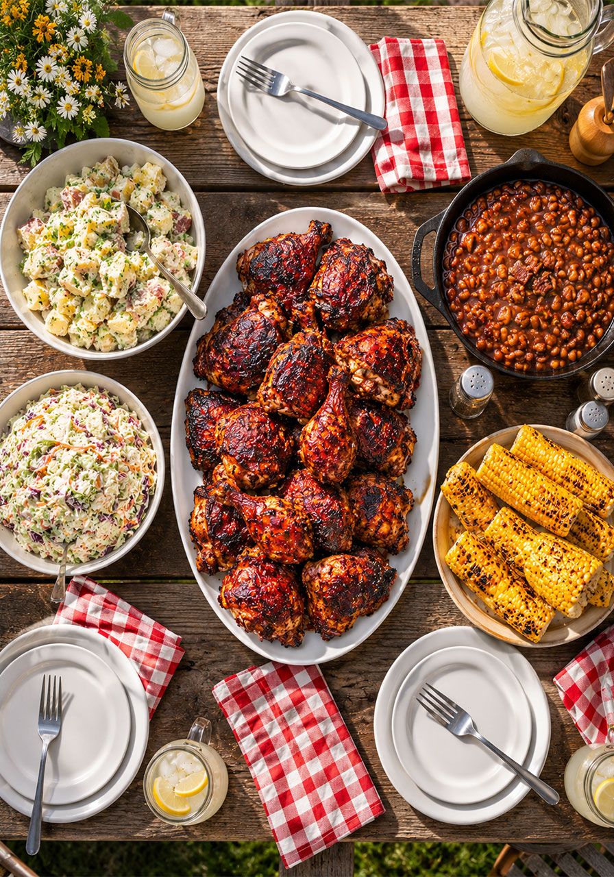 BBQ chicken cookout party spread with potato salad, coleslaw, baked beans and grilled corn on outdoor picnic table