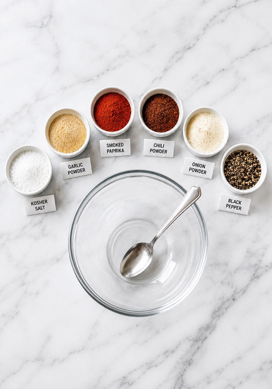 BBQ chicken dry rub ingredients — smoked paprika, chili powder, garlic powder, onion powder, salt and pepper in small bowls