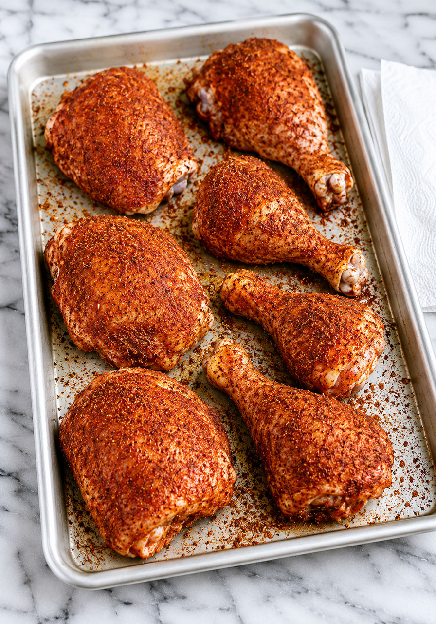 Raw bone-in chicken thighs and drumsticks coated in homemade dry rub on a sheet pan ready for the grill