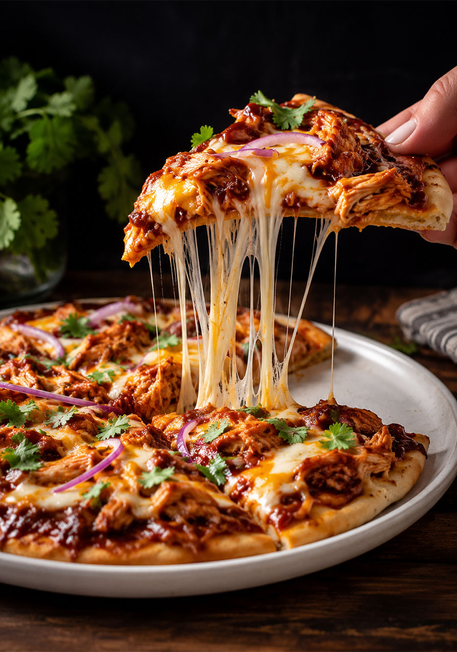 Single slice of easy BBQ chicken flatbread being lifted showing dramatic melted cheese pull with crispy golden crust