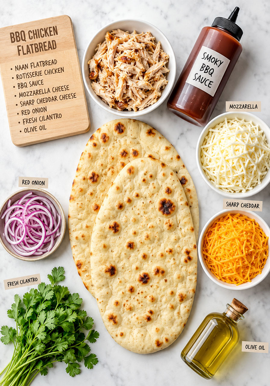 All ingredients for BBQ chicken flatbread recipe including naan, shredded chicken, BBQ sauce, mozzarella, cheddar cheese, red onion, and cilantro