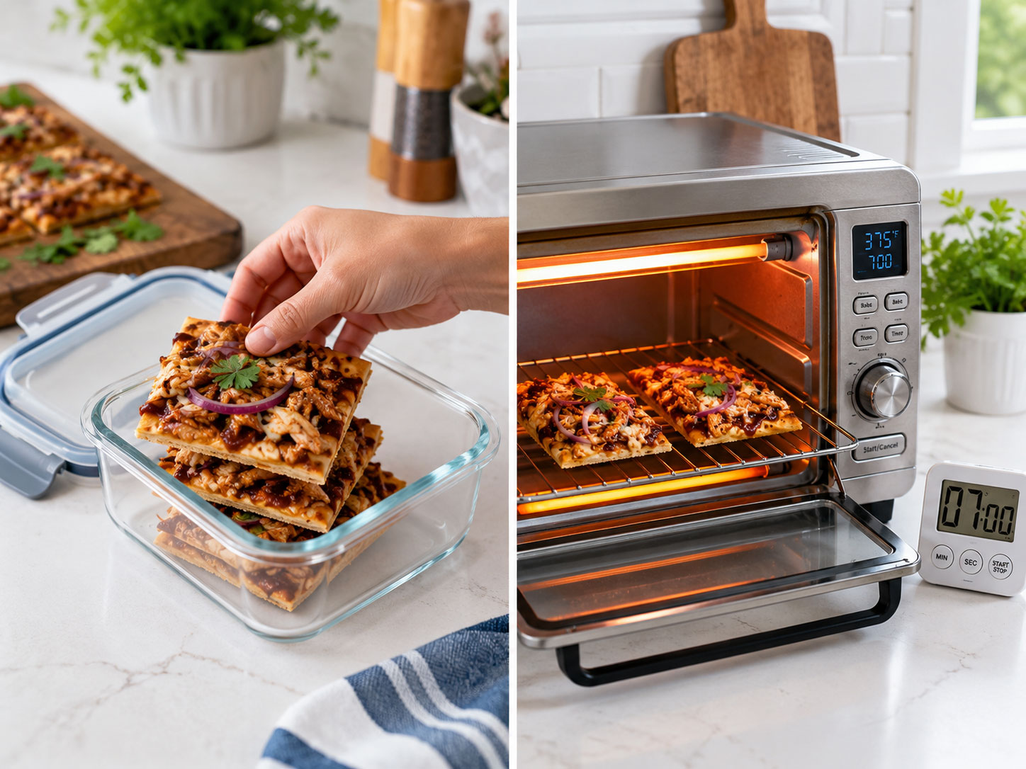 Leftover BBQ chicken flatbread stored in airtight container and reheated in toaster oven at 375°F to keep crust crispy
