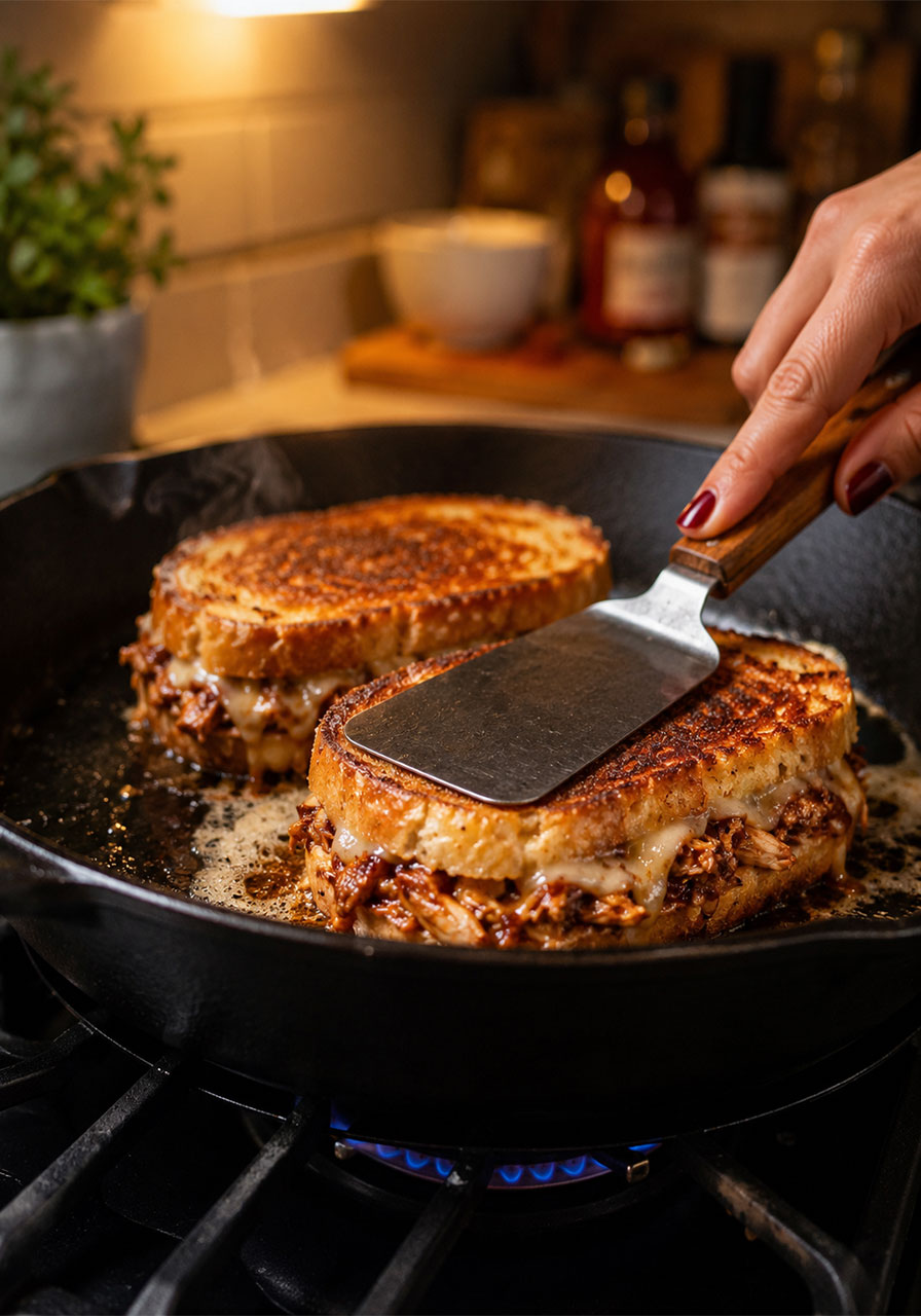 BBQ chicken grilled cheese sandwiches grilling in a cast iron skillet with golden brown crust forming on the bottom
