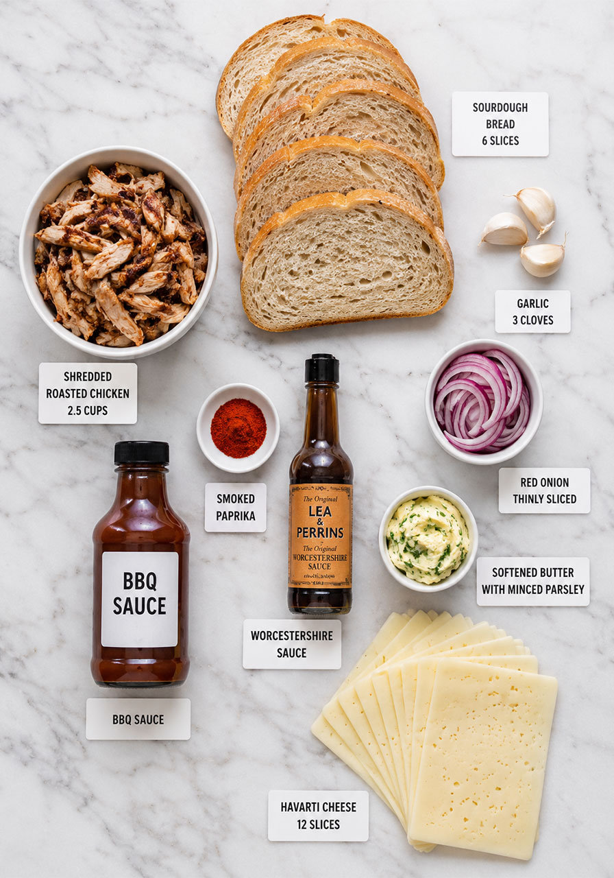All ingredients for BBQ chicken grilled cheese laid out on a marble countertop including shredded chicken, Havarti cheese, sourdough bread, BBQ sauce, and garlic butter