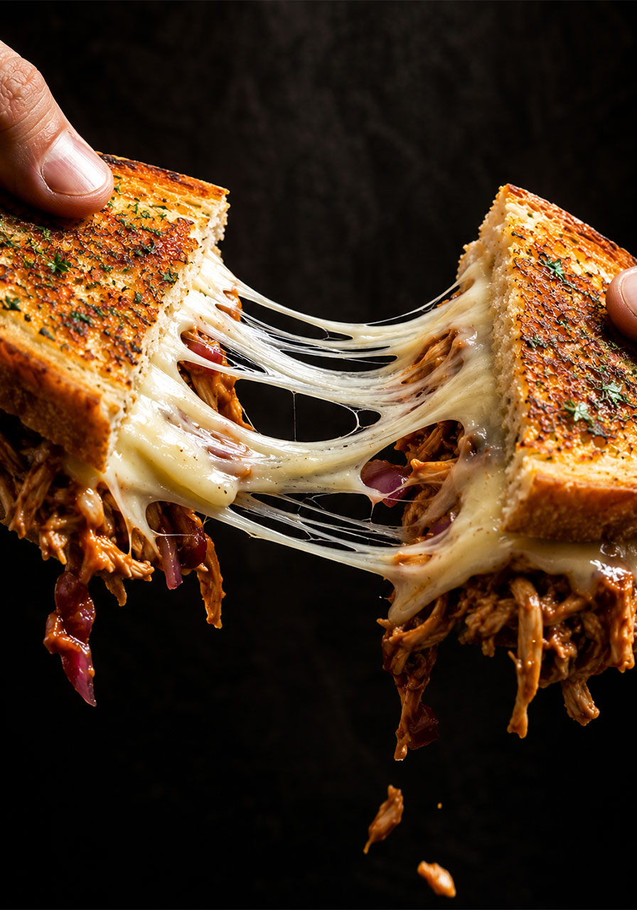 BBQ chicken grilled cheese sandwich being pulled apart revealing a dramatic melted Havarti cheese pull with visible smoky BBQ chicken filling