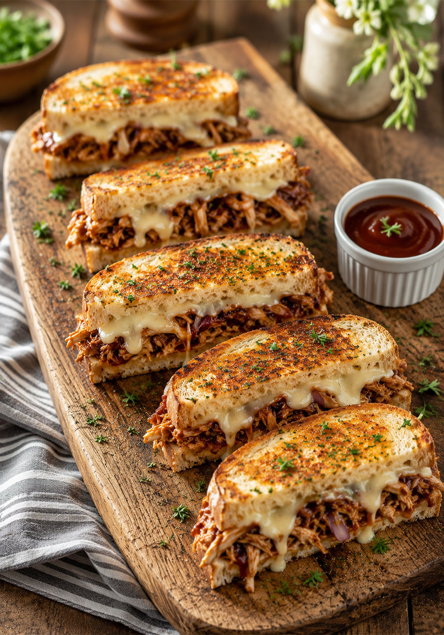 Six halved BBQ chicken grilled cheese sandwiches arranged on a rustic wooden party serving board with a side of BBQ dipping sauce