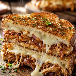 BBQ chicken grilled cheese sandwich sliced in half showing melted Havarti cheese and smoky shredded BBQ chicken filling on sourdough bread