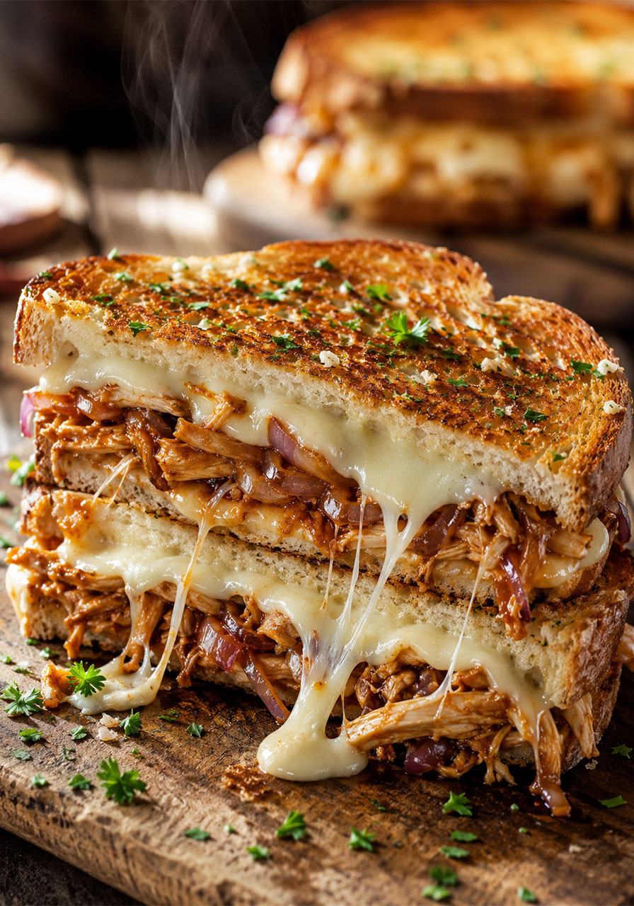 BBQ chicken grilled cheese sandwich sliced in half showing melted Havarti cheese and smoky shredded BBQ chicken filling on sourdough bread