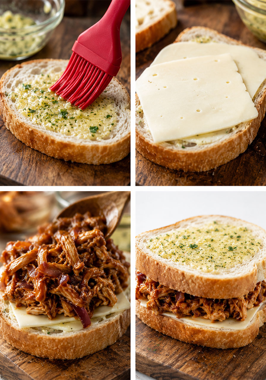 Step-by-step assembly of BBQ chicken grilled cheese showing garlic butter bread, Havarti cheese layers, BBQ chicken filling, and finished sandwich ready to grill