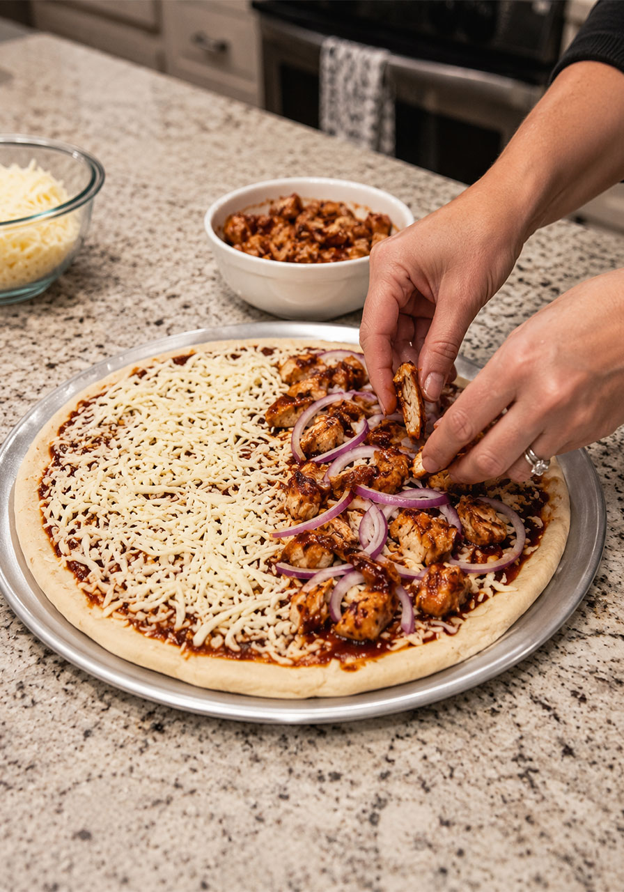 Step-by-step assembly of homemade BBQ chicken pizza with chicken, onions and mozzarella on pizza dough