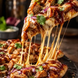 BBQ chicken pizza slice with stretchy mozzarella cheese pull and caramelized onions