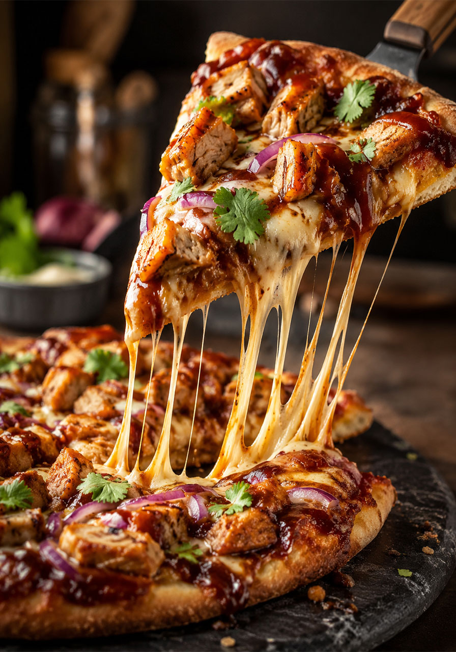 BBQ chicken pizza slice with stretchy mozzarella cheese pull and caramelized onions