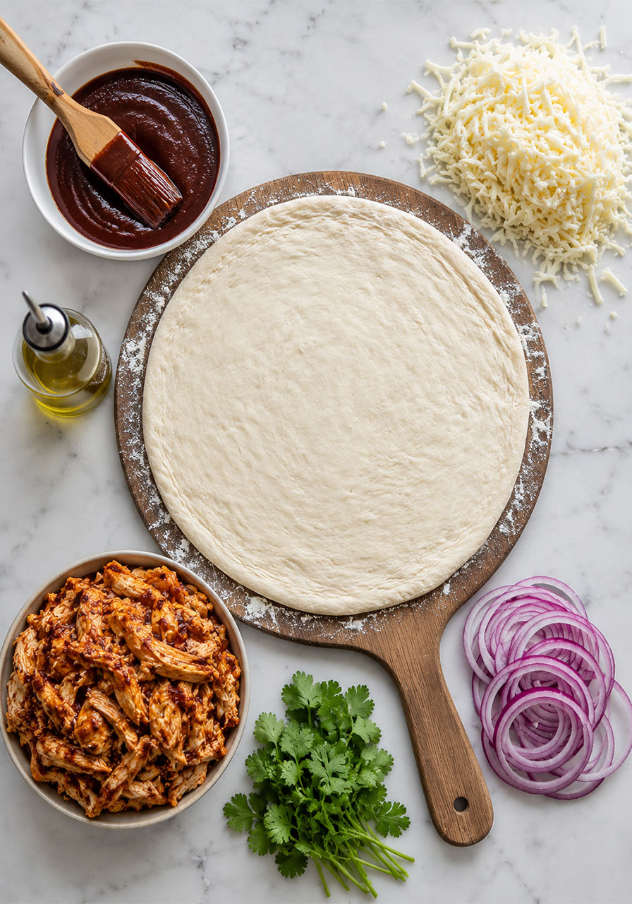 Flat lay of all homemade BBQ chicken pizza ingredients including dough, chicken, BBQ sauce, mozzarella, red onion and cilantro