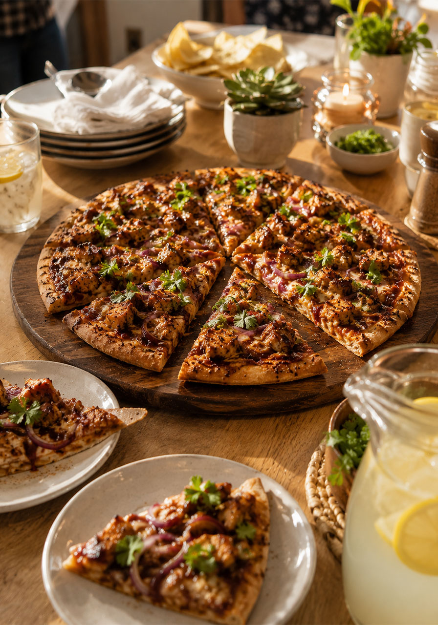 Sliced homemade BBQ chicken pizza served at a party spread with lemonade and plates for guests