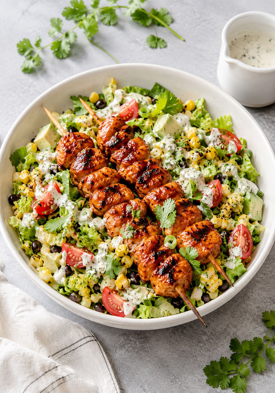 BBQ chicken skewer salad in a white bowl topped with two glazed grilled chicken skewers, herby ranch dressing, corn, avocado, and cilantro