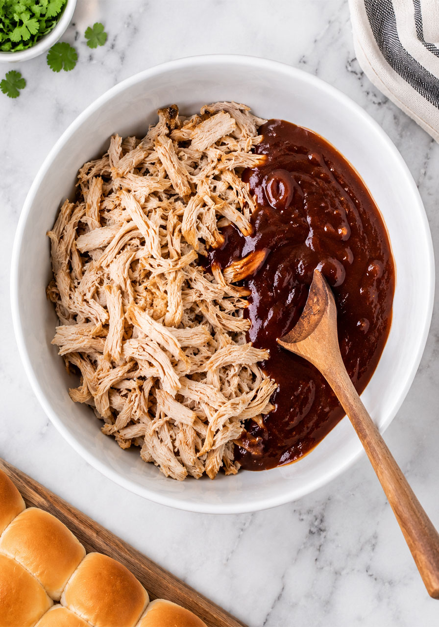 Shredded chicken being coated in BBQ sauce in a white mixing bowl
