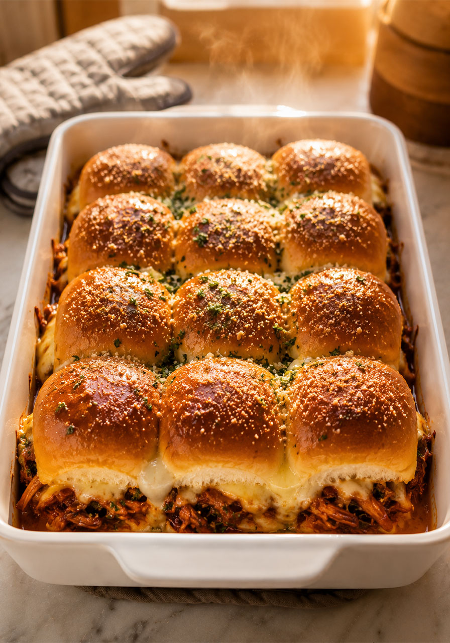 Golden brown BBQ chicken sliders fresh out of the oven in a baking dish