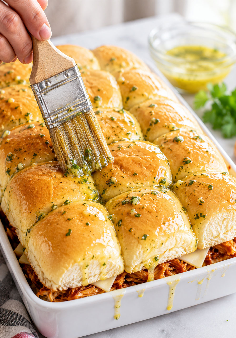 Brushing garlic herb butter over Hawaiian rolls before baking BBQ chicken sliders