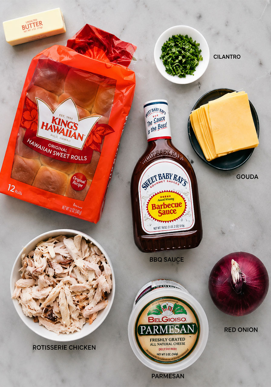 Ingredients for BBQ chicken sliders including Hawaiian rolls, BBQ sauce, Gouda cheese, and shredded chicken
