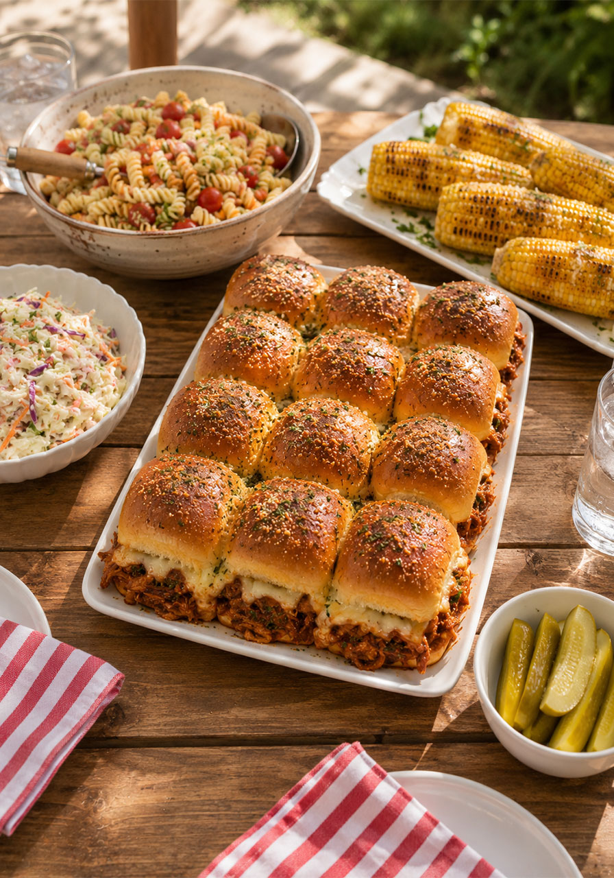 BBQ chicken sliders served with coleslaw, pickles, and grilled corn at a backyard party