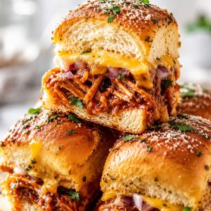 BBQ chicken sliders cut in half showing melted cheese and saucy chicken filling