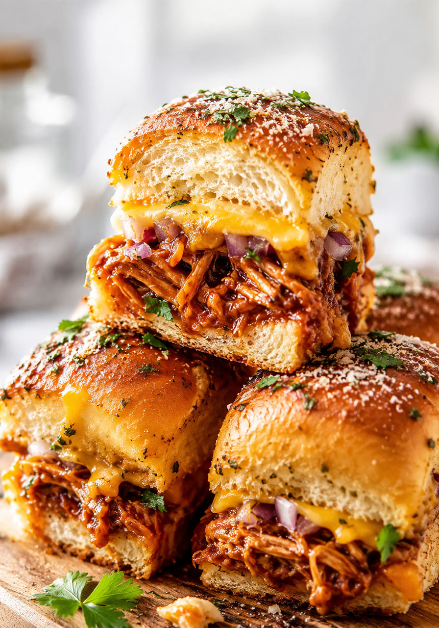 BBQ chicken sliders cut in half showing melted cheese and saucy chicken filling