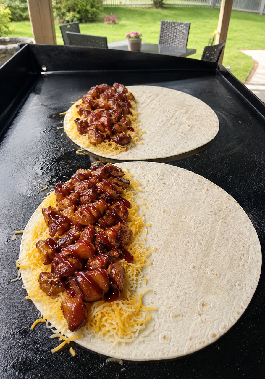 Blackstone griddle being filled with shredded cheese and hot honey BBQ chicken bites before folding