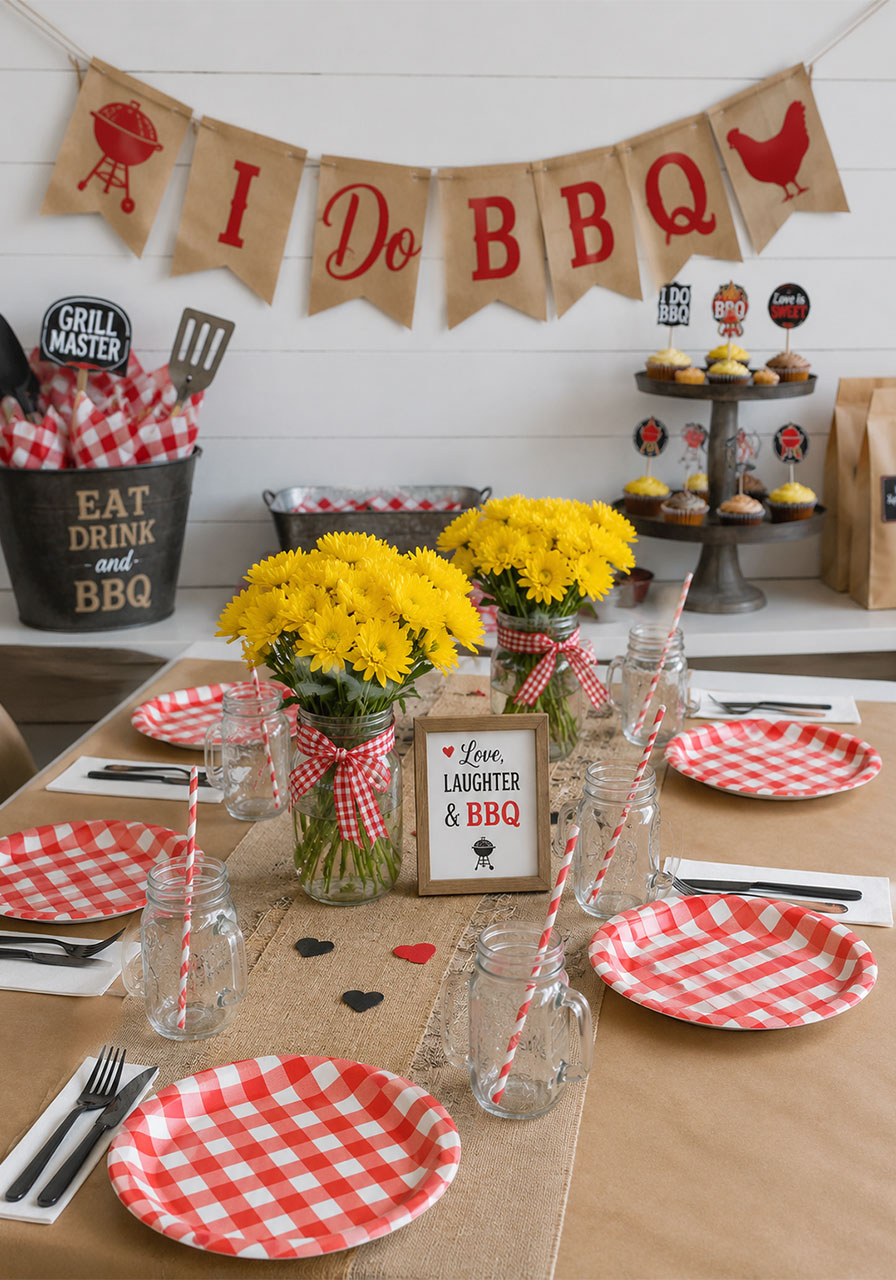 DIY BBQ co-ed bridal shower table decorations with Cricut kraft paper banner and mason jar centerpieces