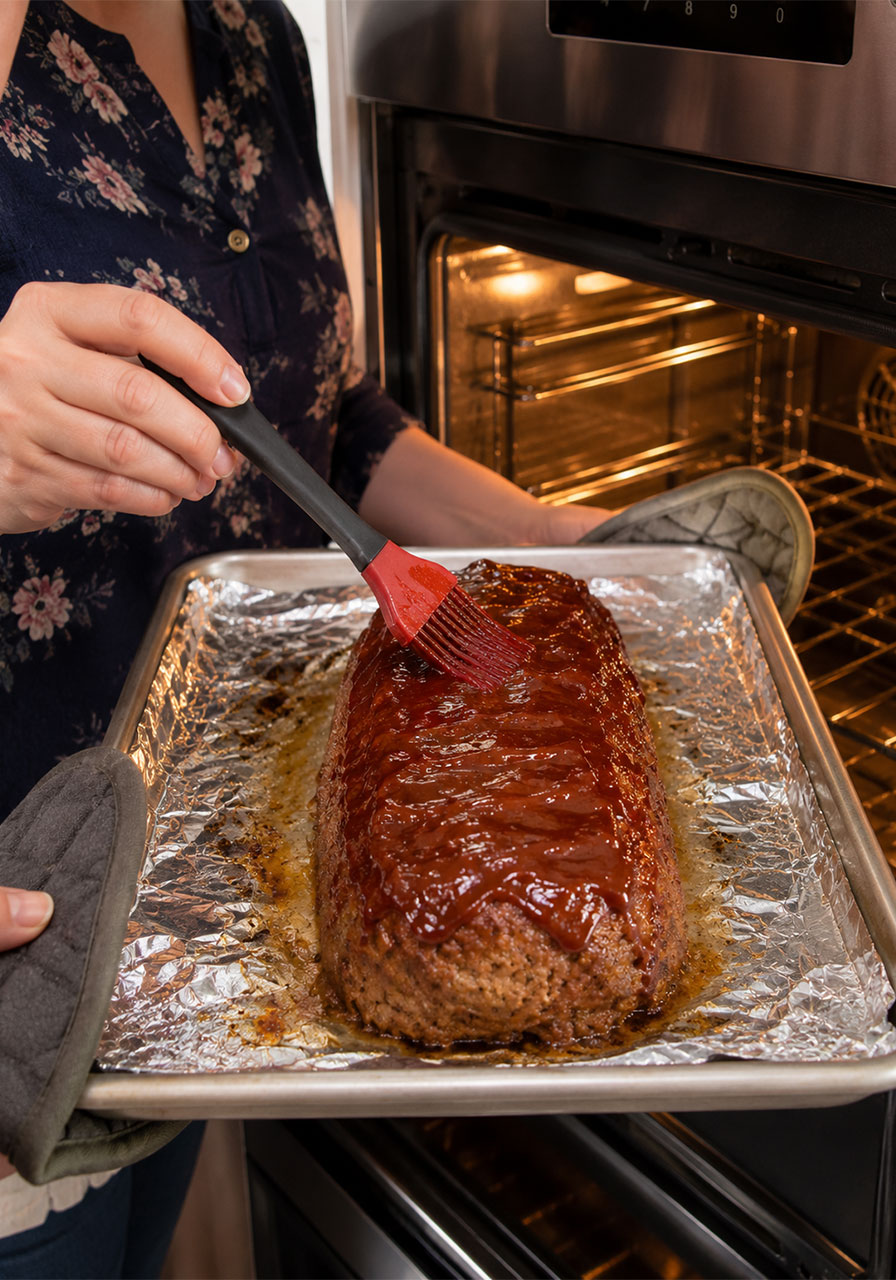 Woman applying second coat of BBQ sauce glaze to meatloaf on sheet pan halfway through baking process
