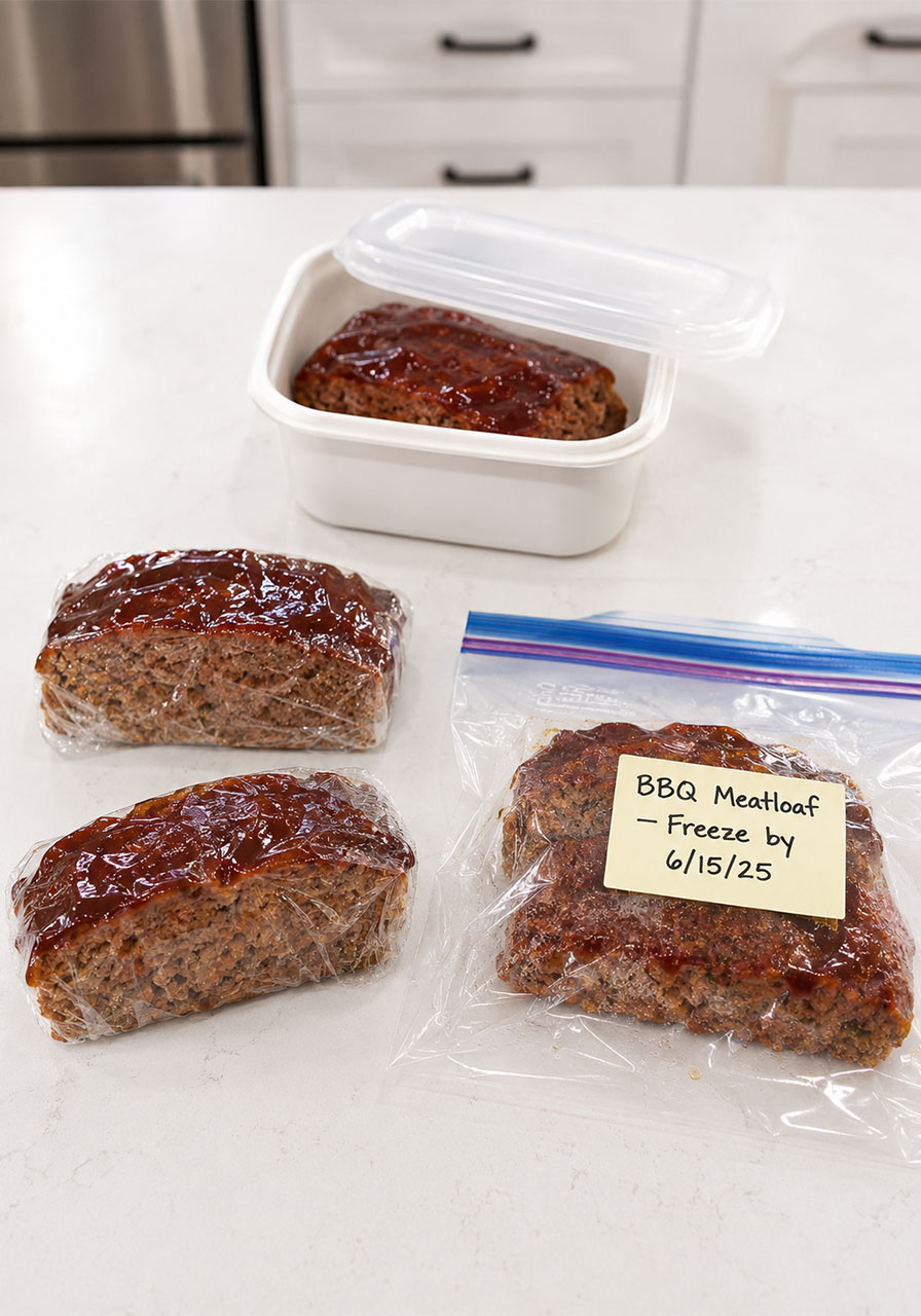 Leftover BBQ meatloaf slices wrapped in plastic wrap and labeled freezer bags for make-ahead storage