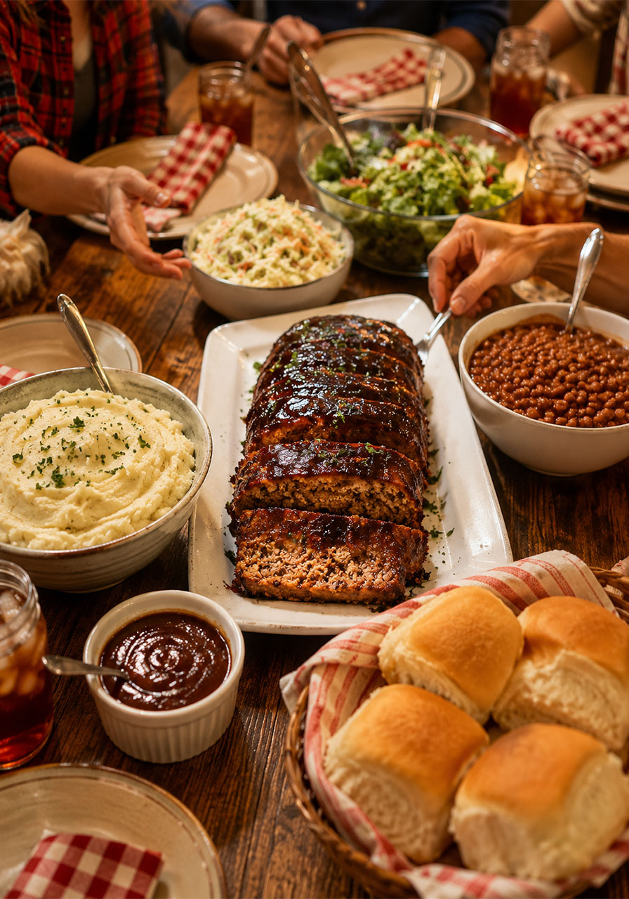 Sliced BBQ meatloaf on serving platter surrounded by side dishes mashed potatoes baked beans and dinner rolls for a party spread
