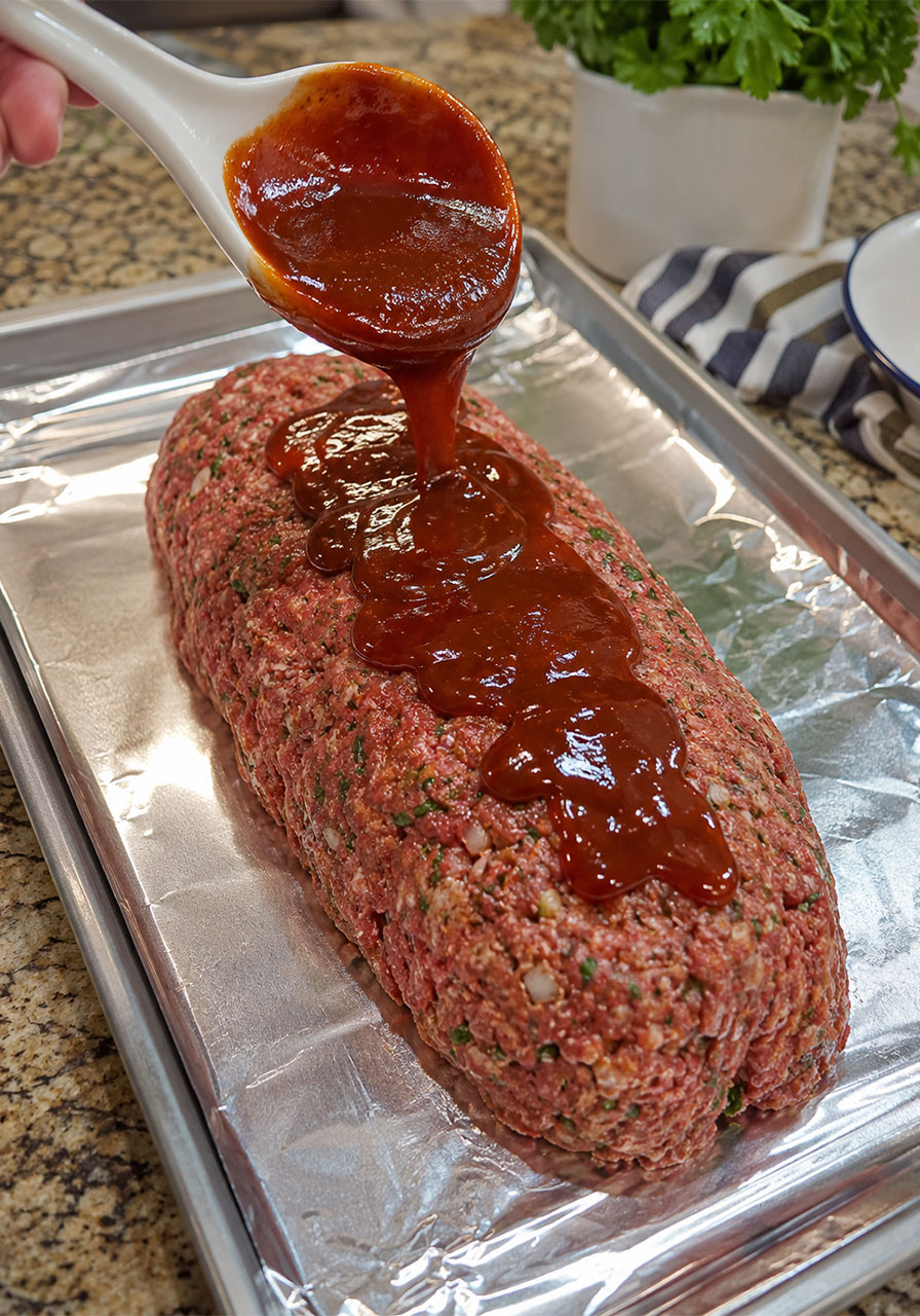 Raw BBQ meatloaf shaped into narrow loaf on foil-lined sheet pan with first BBQ sauce glaze being poured on top