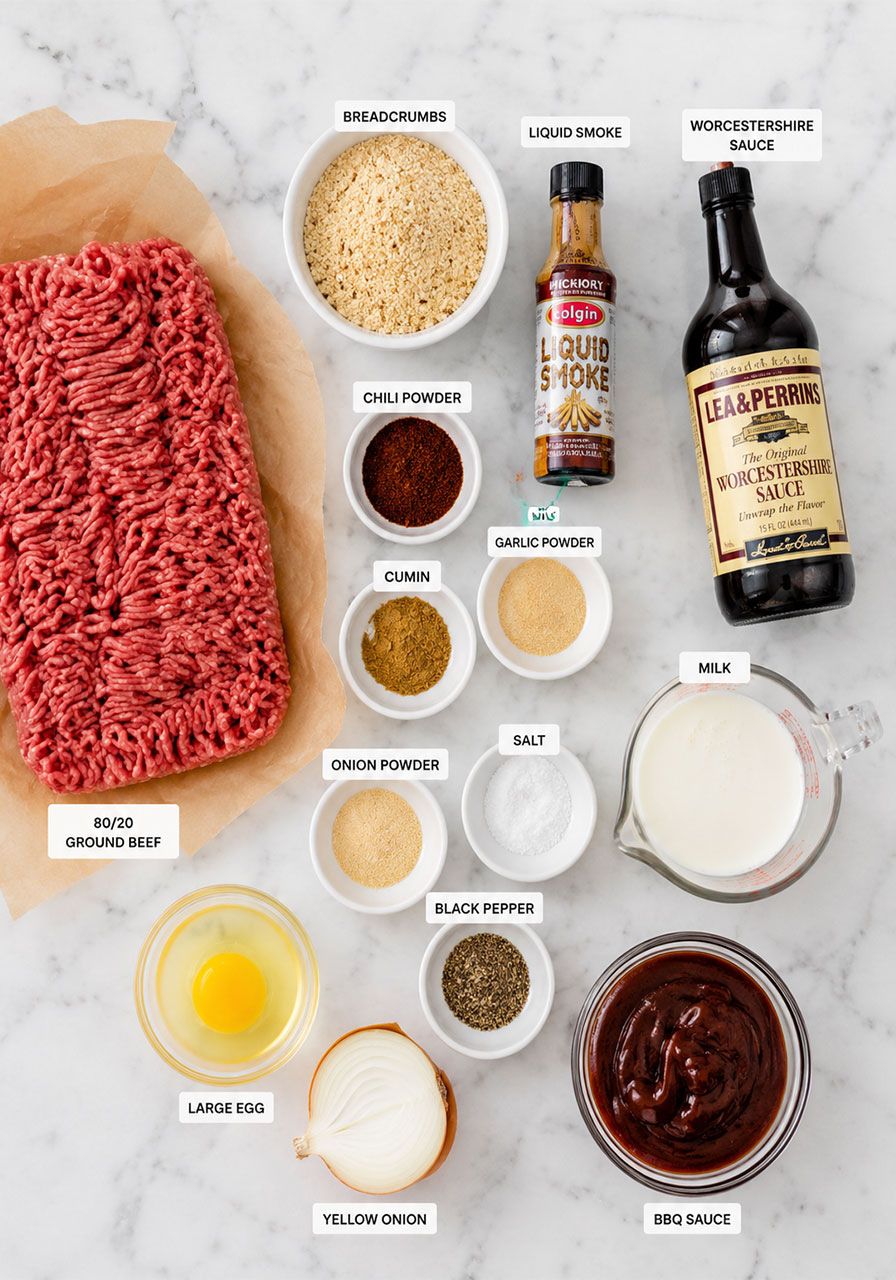 All BBQ meatloaf recipe ingredients laid out flat including ground beef breadcrumbs spices liquid smoke and BBQ sauce