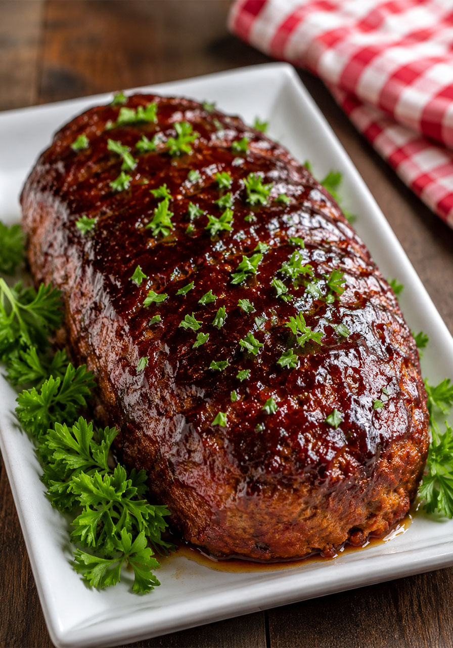Whole BBQ meatloaf covered in thick sticky BBQ glaze on white serving platter garnished with fresh parsley