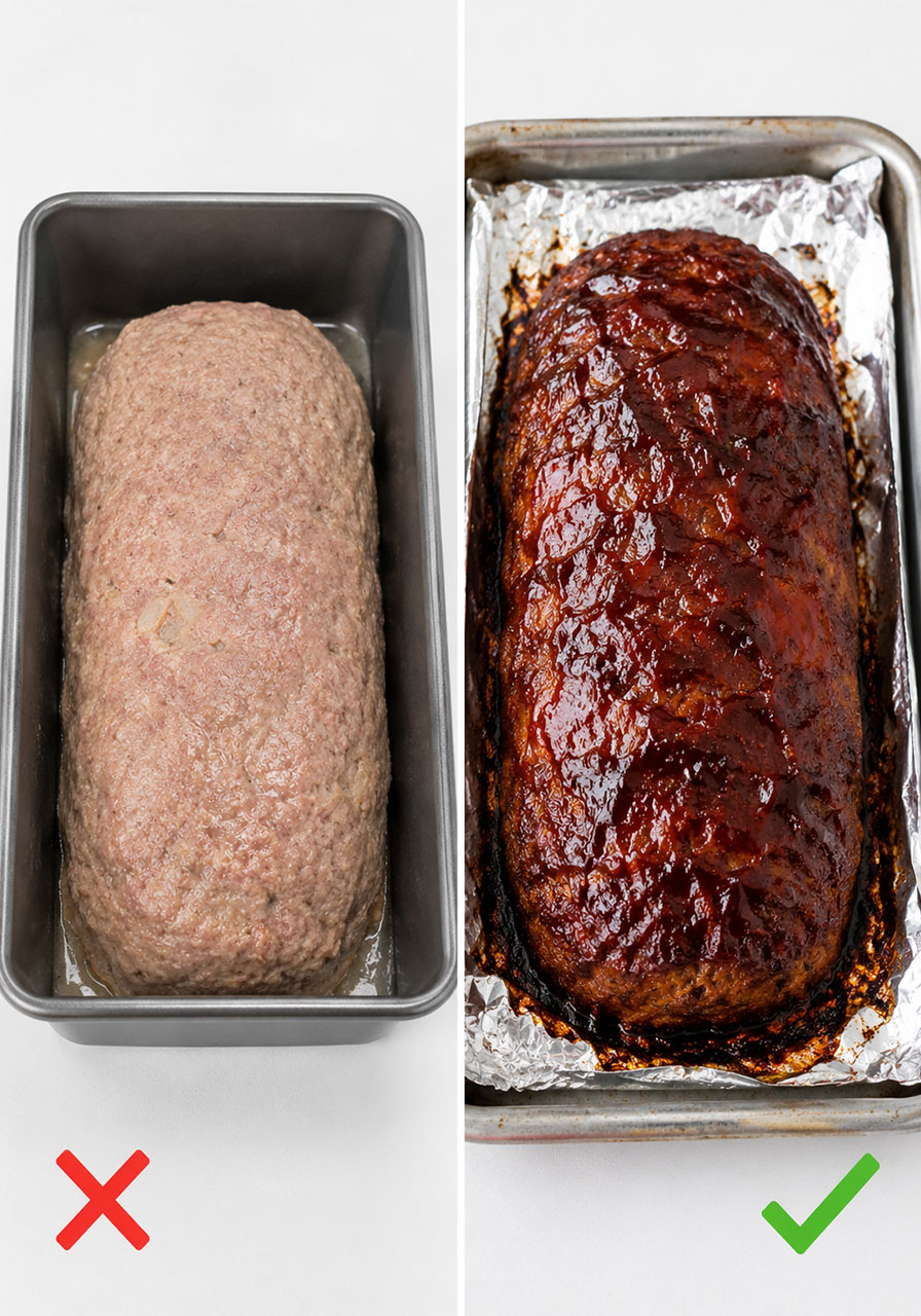 Side by side comparison showing BBQ meatloaf baked in loaf pan vs sheet pan with sheet pan showing better caramelized crust